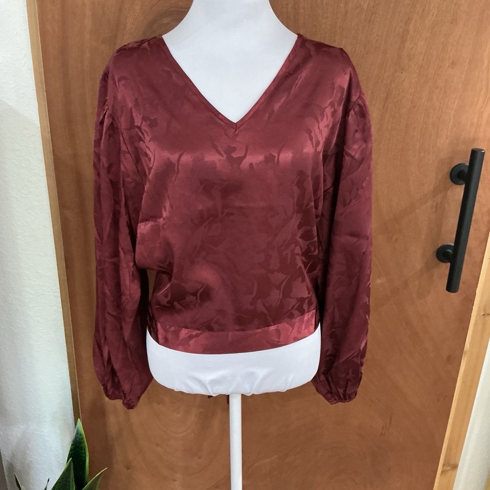 LUCCA Jacquard Satin Floral Wine Blouse Bow Tie M Coquette Fairy Dark Academia - Picture 4 of 15